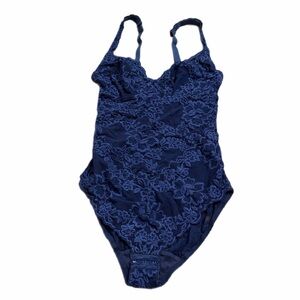 70s European Vintage Palmers Embroidered Floral Lace Bodysuit (Blue) Size M
